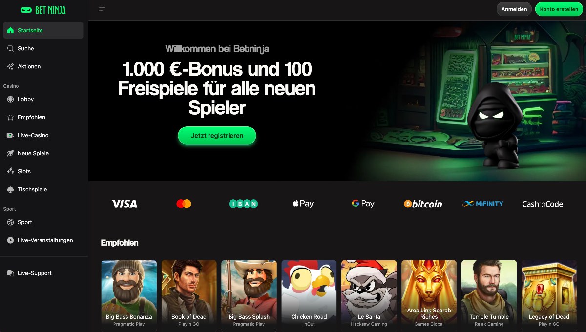 Als modernes Casinos ohne Lizenz setzt Betninja auf einen klaren Live-Casino-Fokus und bietet flexible Einzahlungswege wie Apple Pay, Google Pay sowie Krypto an.