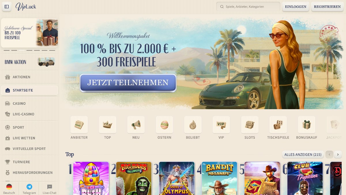 Vipluck glänzt unter den Casinos ohne Lizenz mit einer beeindruckenden Auswahl von 8.500 Titeln, einem 24/7 Live-Chat und Krypto-Auszahlungen, die in weniger als 24 Stunden abgewickelt werden.
